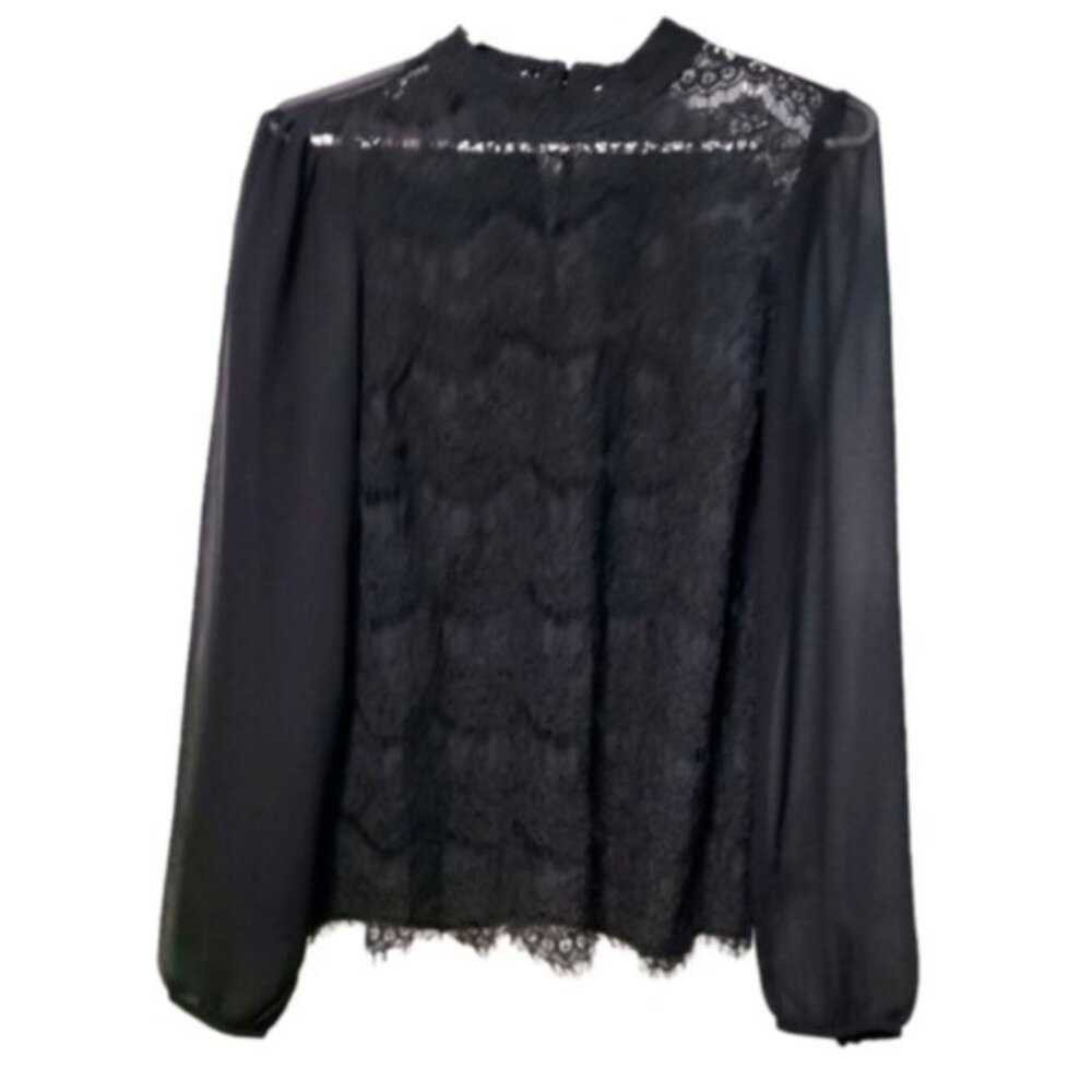 Forever 21 Black High Neck Lace Sheer See-Through Flounce Sleeve Blouse Shirt M